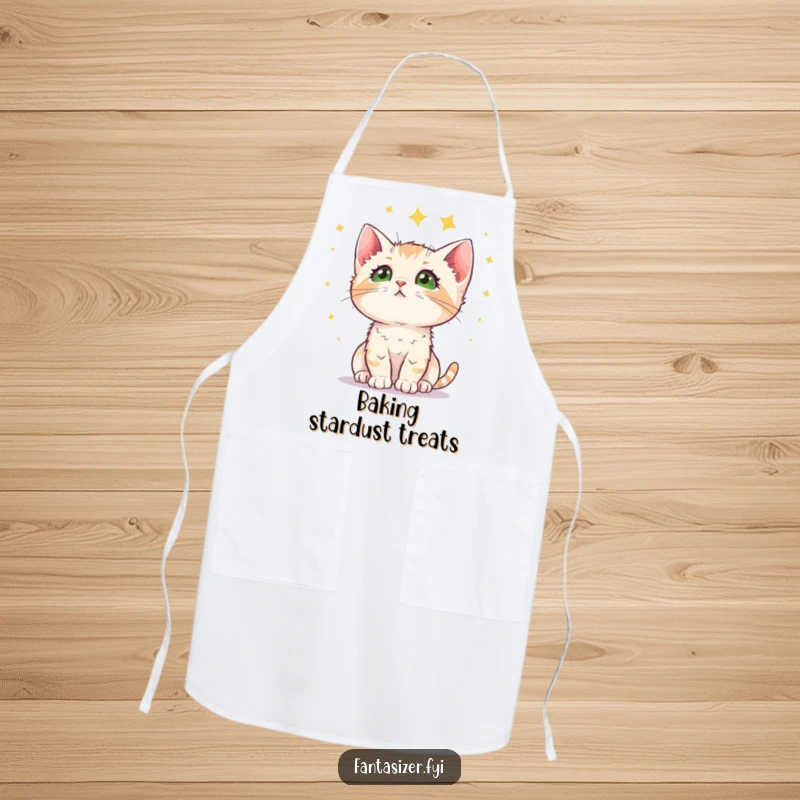 Funny kitten apron featuring a curious cat looking up at a starry sky, perfect for kitchen adventures and a touch of wonder.