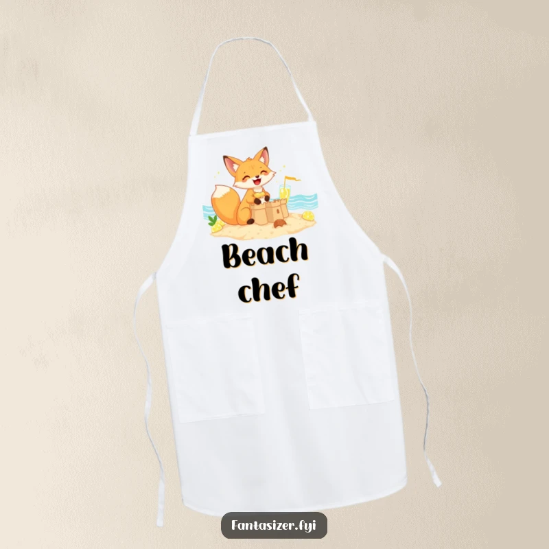 Funny giggling fox building a sandcastle by lemonade waves, kitchen apron, ideal funny gift for cooks.