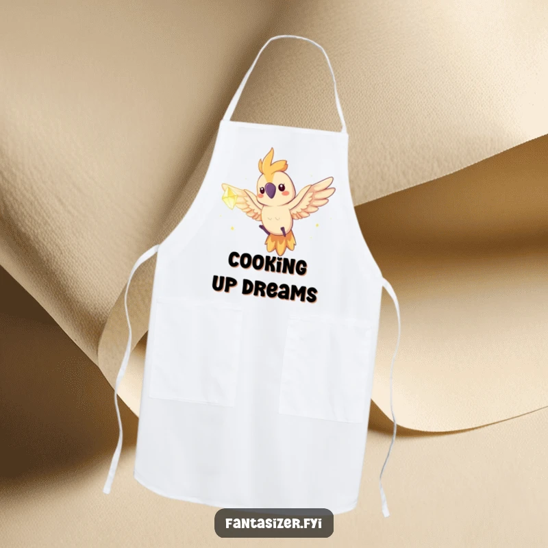Funny parrot character flying towards a dream crystal on a cooking apron, a humorous and spirited kitchen accessory.