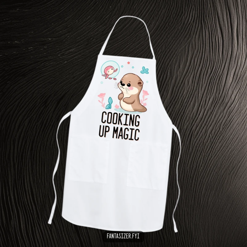 Funny apron depicting an otter dreaming of mermaids, perfect for kitchen tasks with a magical and humorous design.
