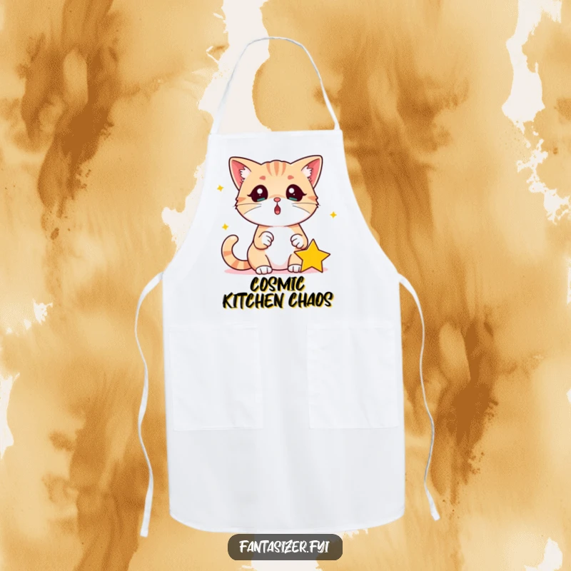 Funny Surprised Cat Apron: Surprised cat looks at a fallen star in its paw, perfect for cooking and as a funny gift.