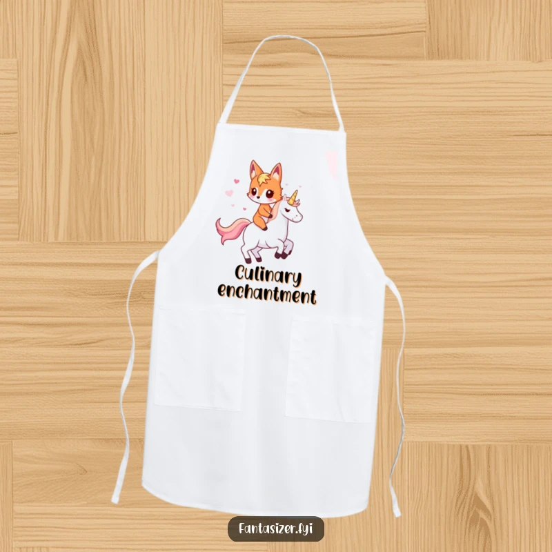 Funny fox apron depicting an imaginative fox riding a unicorn, adding whimsical humor to kitchen tasks.
