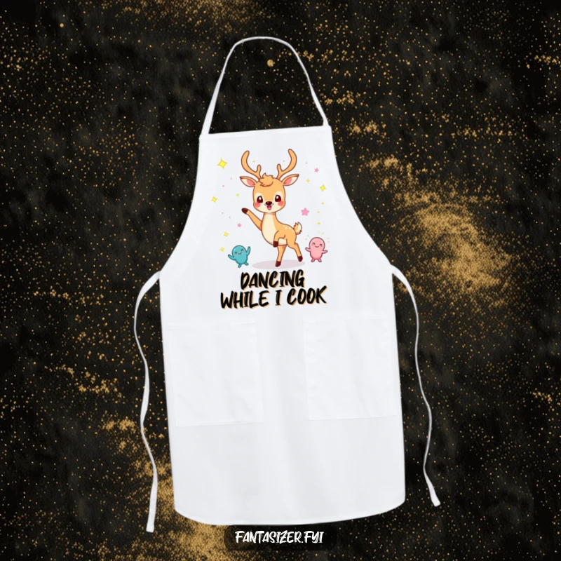 Funny apron of a cheerful deer dancing with imaginary sparkling creatures, making kitchen time fun.