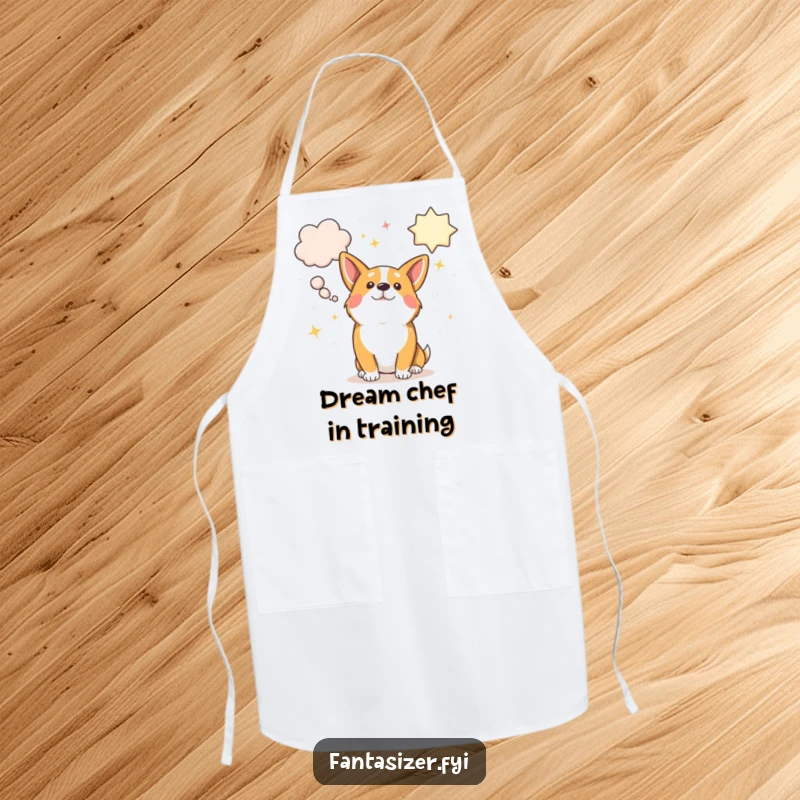 Funny corgi imagining fantastical dreams in oversized sparkly thought bubbles, an amusing kitchen apron.