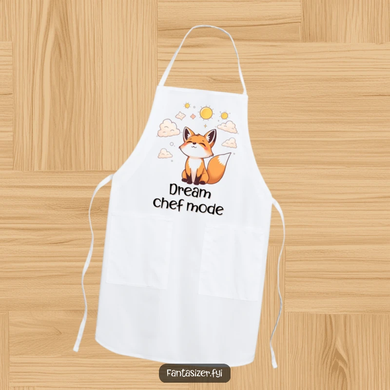 Funny apron featuring a joyful fox gazing at clouds, imagining fantastical shapes, a perfect accessory for imaginative cooks.