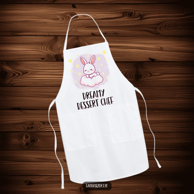 Funny apron with a dreaming rabbit floating on a cloud filled with stars, perfect for kitchen adventures with a touch of whimsy.