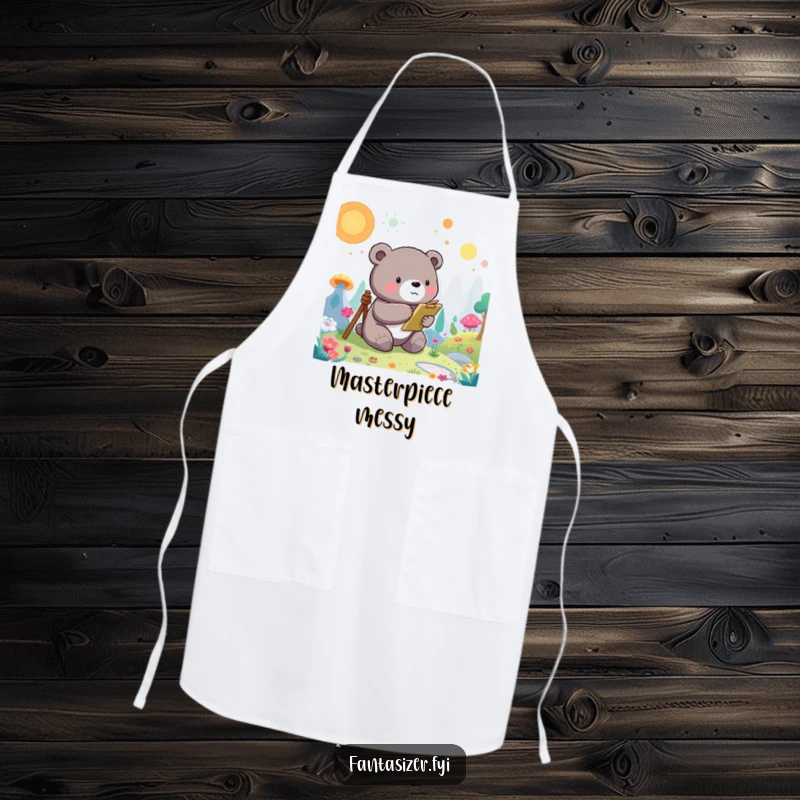 Funny Bear Apron: A whimsical bear character paints a fantastical landscape, making culinary or artistic creations fun.
