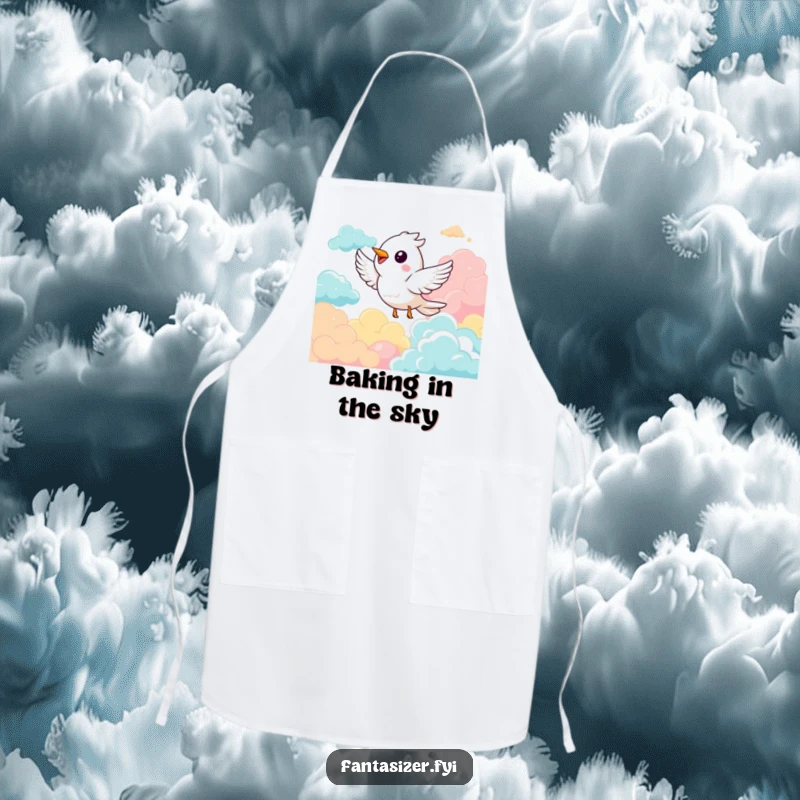 Funny apron featuring a delighted bird character soaring happily through a sky of colorful clouds, adding cheer to kitchen tasks.