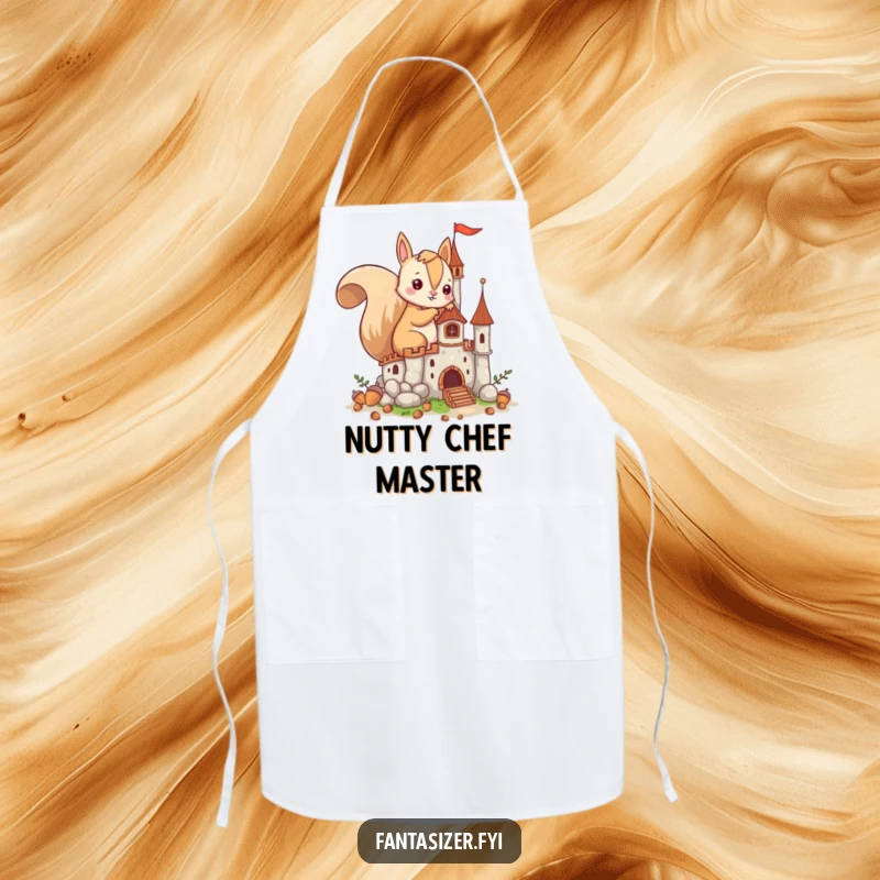 Funny apron with an imaginative squirrel building a castle from acorns, ready for creative culinary construction.