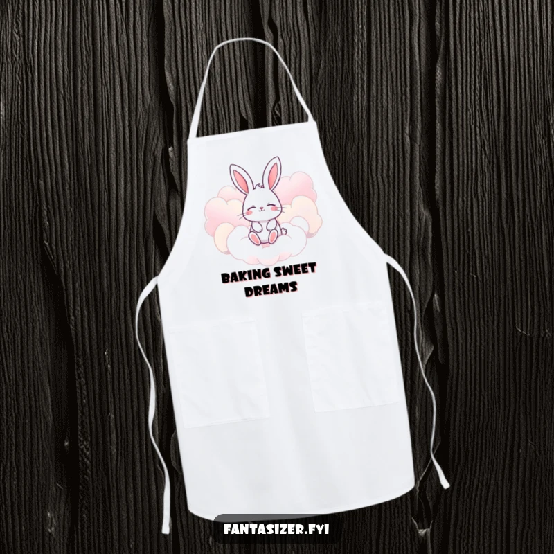 Funny bunny apron with eyes closed, imagining floating amongst giant, candy-colored clouds, humorous kitchen wear for bakers.