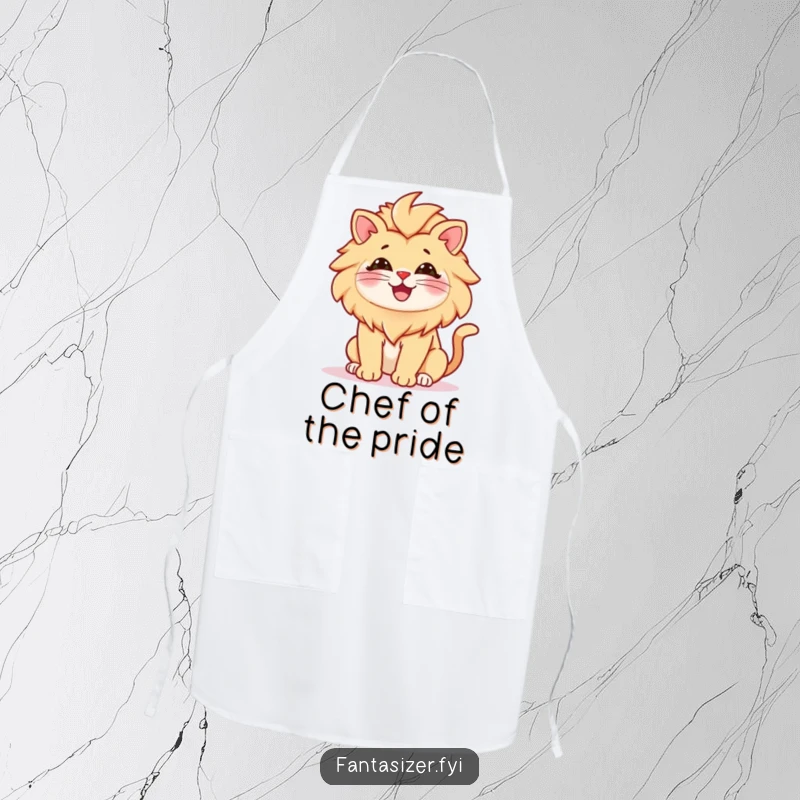 Funny apron illustrating a cheerful cat with a lion's mane, ready to conquer the kitchen with culinary courage, a hilarious cook's gift.
