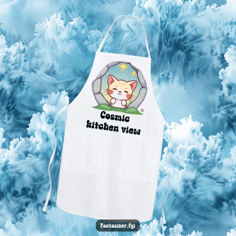 Funny cat character peeking through a magical portal on a cooking apron, blending kitchen fun with cosmic wonder.
