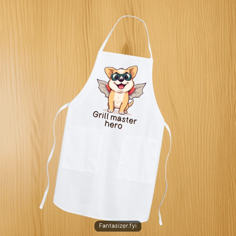 Funny apron featuring a happy dog with a goofy grin, imagining flying with superhero wings.