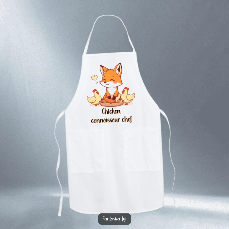 Funny happy fox daydreaming of a feast of plump chickens, on a functional kitchen apron. Brings playful hunger and humor to cooking.