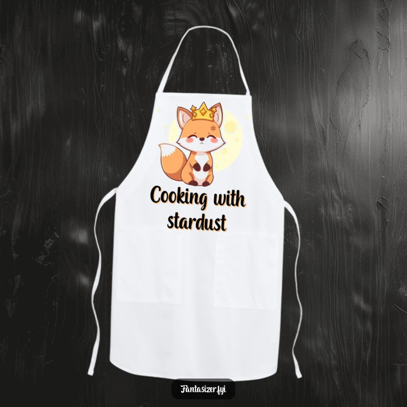 Funny cooking apron with a happy fox character wearing a star crown, gazing at a distant glowing planet, adding a humorous and cosmic touch.