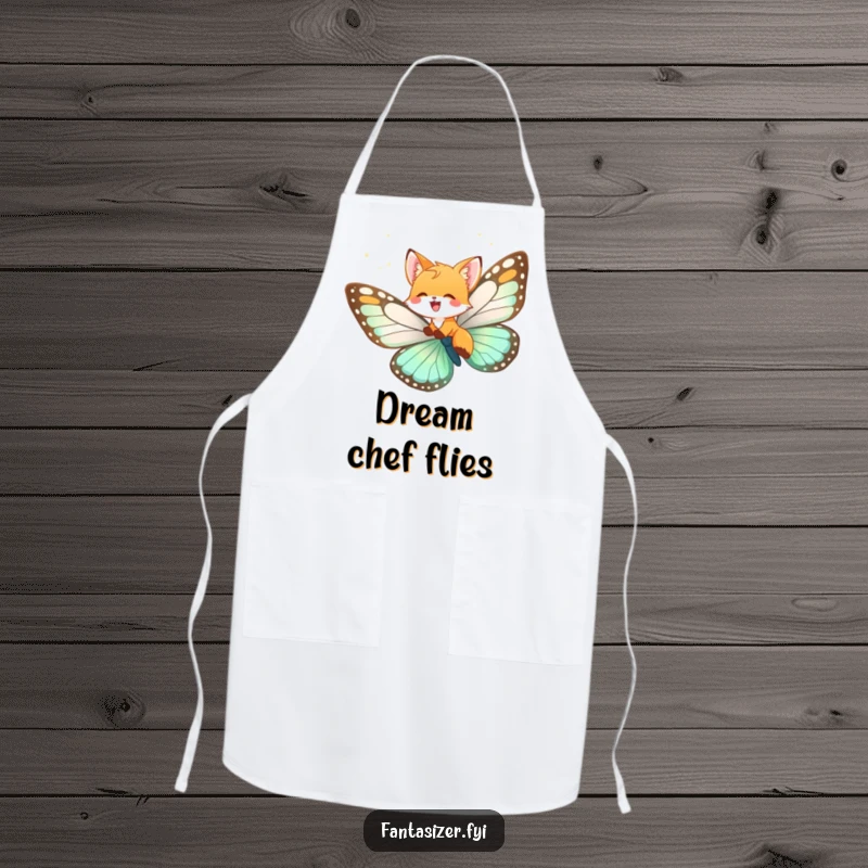Funny fox cub apron, a cub flying on a butterfly, ready for kitchen fun with magical humor.