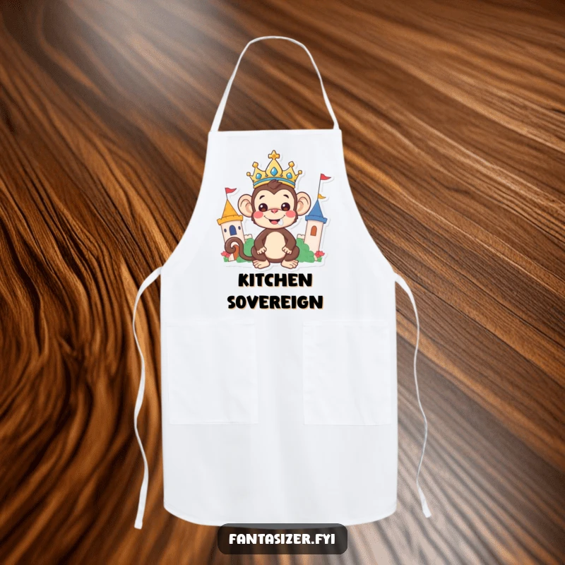 Funny Monkey Apron: A cheerful monkey king wearing a crown joyfully presides over a whimsical kitchen, making cooking fun.