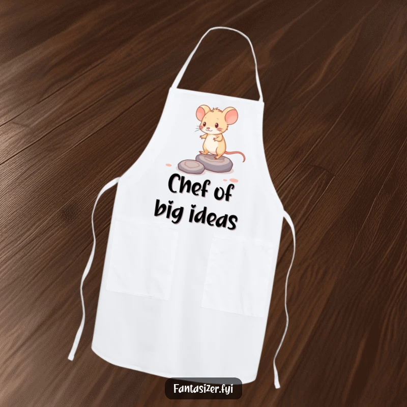 Funny apron: a brave mouse steps on thought-stones, perfect for culinary creativity and protection.