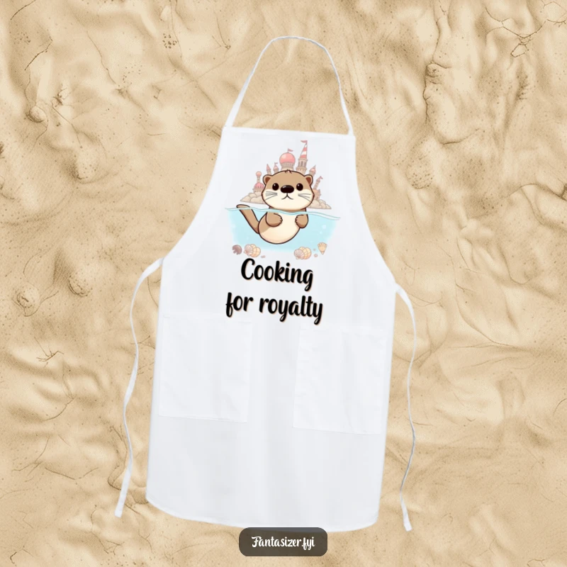 Funny Otter Chef Apron, a determined otter swimming towards a shimmering city of seashells, bringing ambition to cooking.