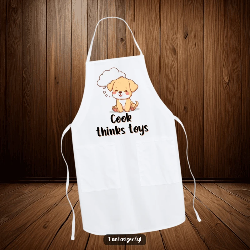 Funny puppy apron, a dog dreaming of a toy cloud, ready for kitchen fun with playful humor.