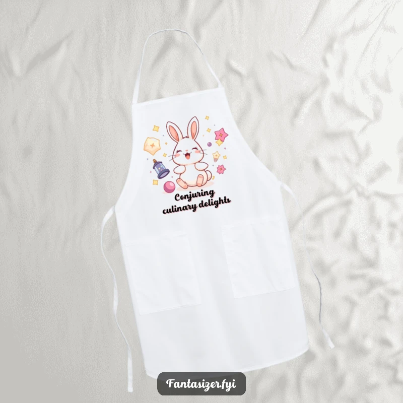 Funny rabbit apron with a delighted bunny surrounded by floating magical objects, adding whimsical fun to kitchen tasks, a charming gift.