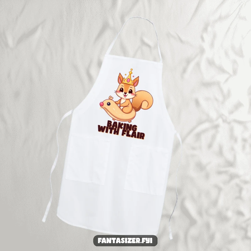 Funny squirrel apron with a whimsical crown riding a majestic, flying pastry, humorous kitchen wear for royalty.