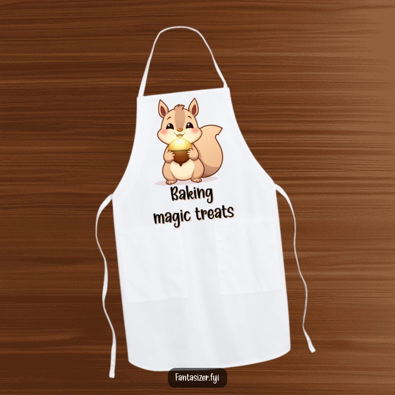 Funny Squirrel Chef Apron, a cheerful squirrel holding a magical glowing acorn, adding enchantment to kitchen tasks.