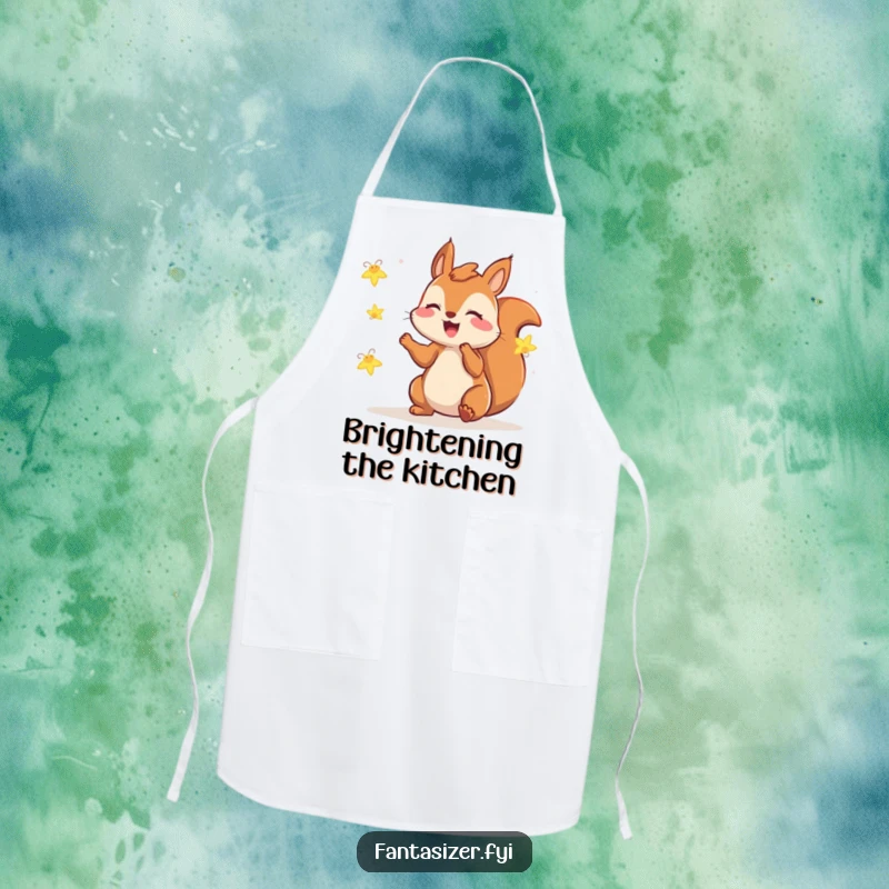 Funny squirrel apron depicting a gleeful squirrel playing with fireflies, adding whimsical humor to kitchen tasks.