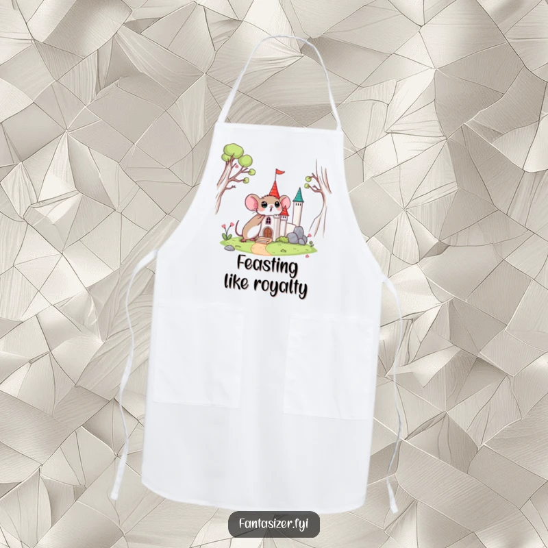 Funny apron of a surprised mouse discovering a miniature castle, ideal for kitchen adventures.