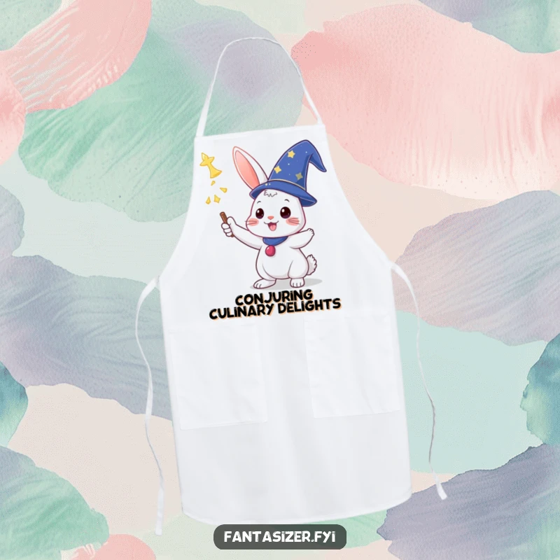 Funny apron showing a triumphant rabbit in a wizard hat casting a cooking spell, ideal for kitchen magic.