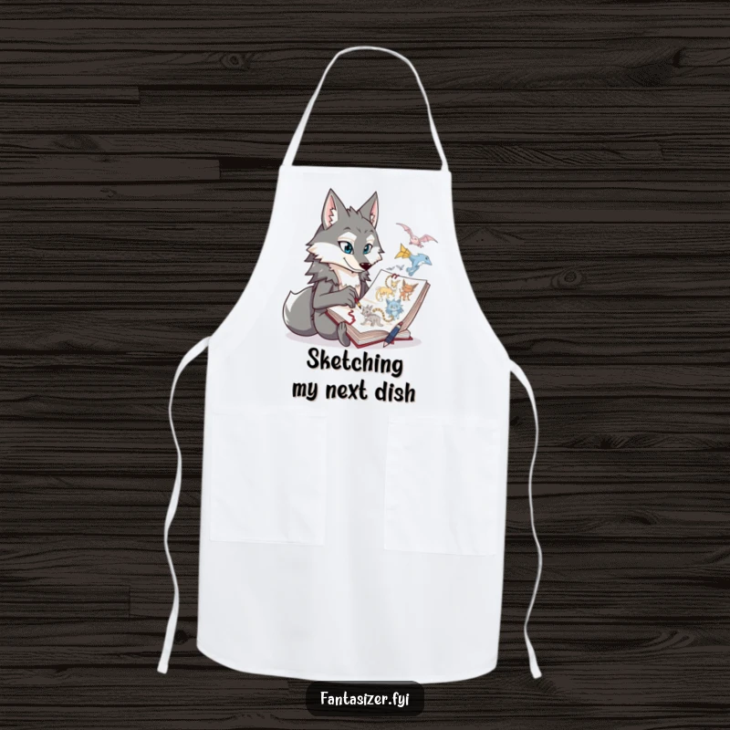 Funny wolf character sketching fantastical creatures on a cooking apron, a humorous and creative kitchen accessory.