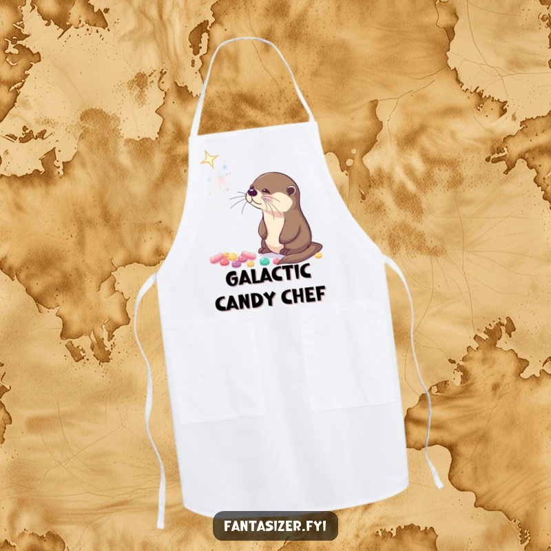 Funny apron with a curious otter gazing at a sparkling galaxy made of tiny, glowing candies.
