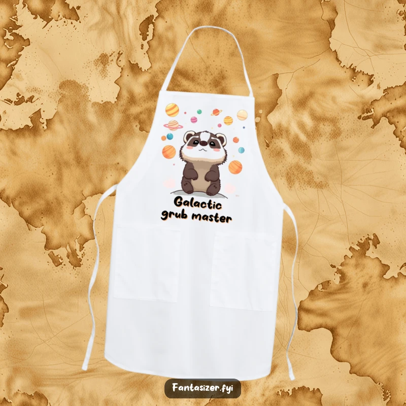 Funny apron with a whimsical badger looking up at a sky filled with colorful planets, ready for cosmic culinary creations.