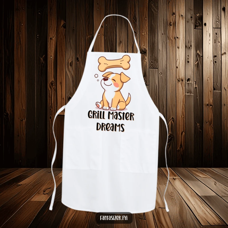 Funny apron with a happy dog dreaming of a giant bone, adding a touch of canine whimsy to cooking.
