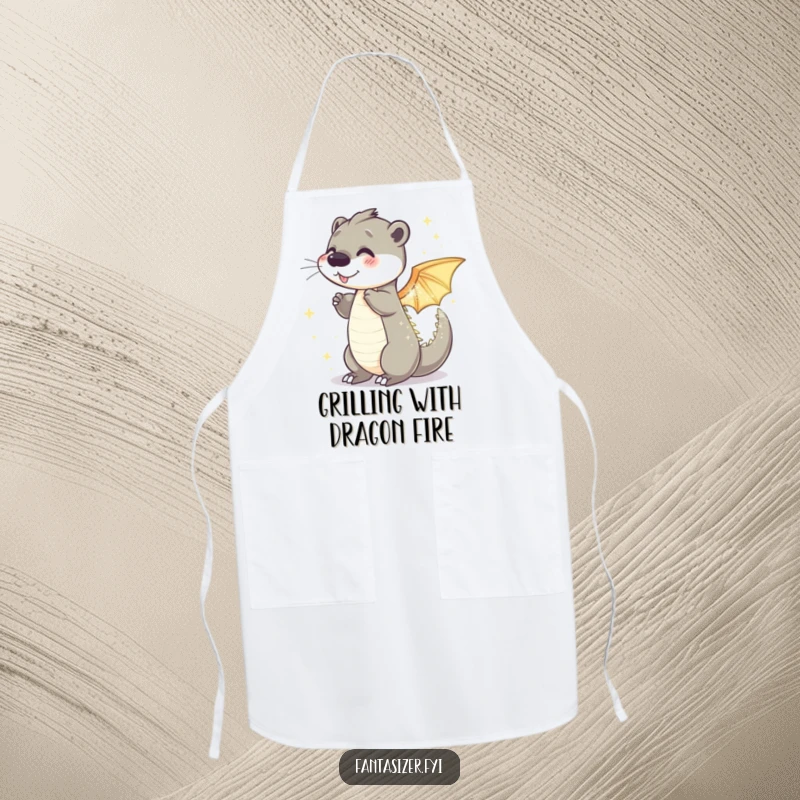 Funny otter dragon apron depicting a playful otter transforming into a sparkling, shimmering dragon, ideal for kitchen use.