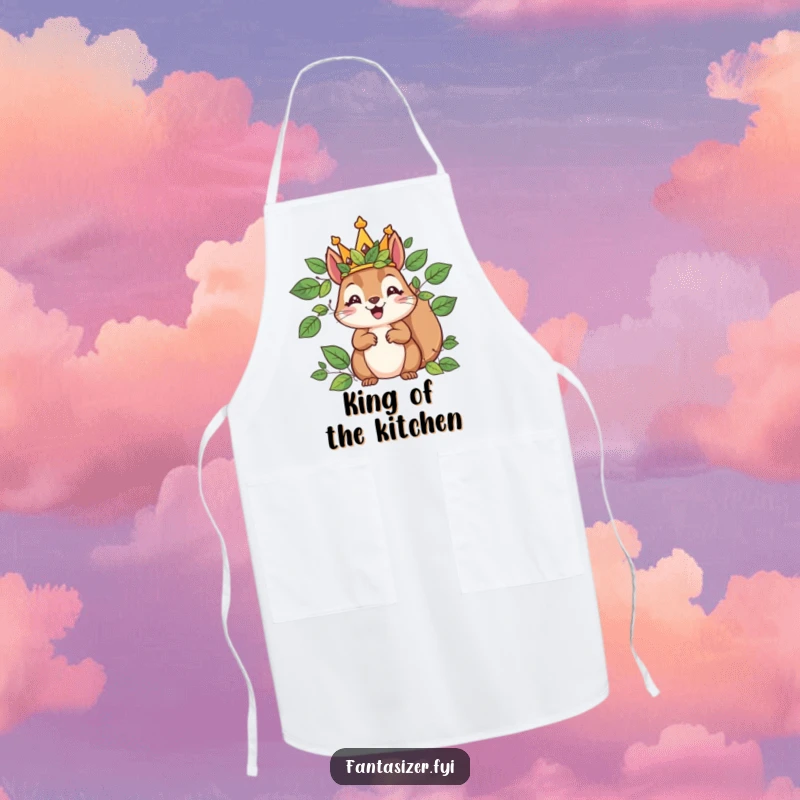 Funny apron showcasing a delighted squirrel king in a leaf crown, ruling the kitchen with regal, humorous flair.