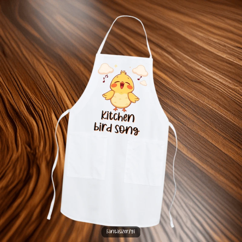 Funny apron showcasing a joyful bird singing on a cloud stage, bringing whimsical melody and cheer to your cooking.
