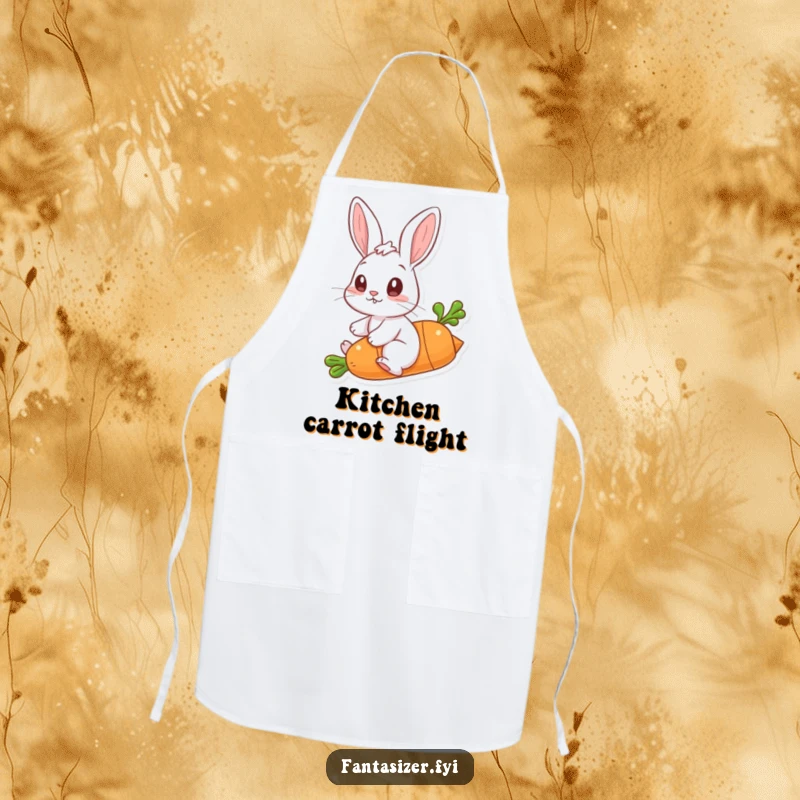 Funny apron showcasing a rabbit riding a flying carrot, bringing whimsical energy and playful cheer to culinary creations.