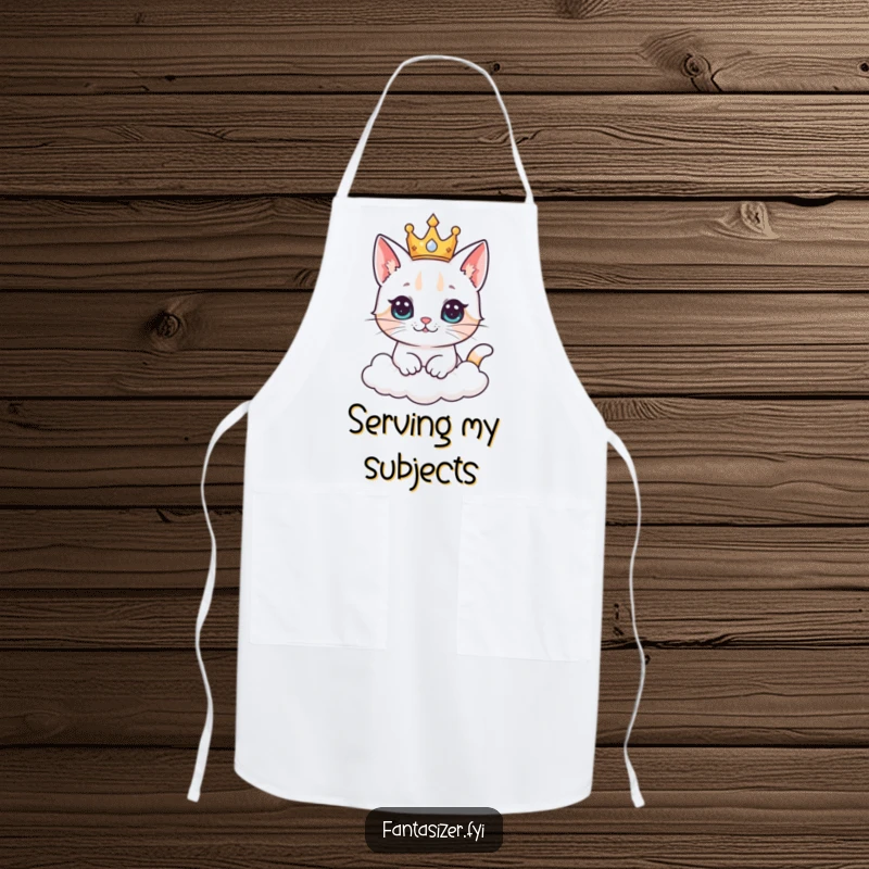 Funny cat king apron showcasing a curious cat wearing a crown, ruling a fluffy cloud kingdom, perfect for the kitchen.