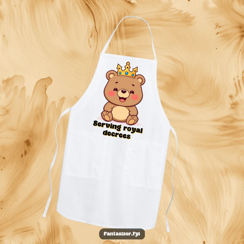 Funny apron showcasing a happy crowned bear ruling a toy kingdom, ideal for kitchen rulers and humorous cooks.