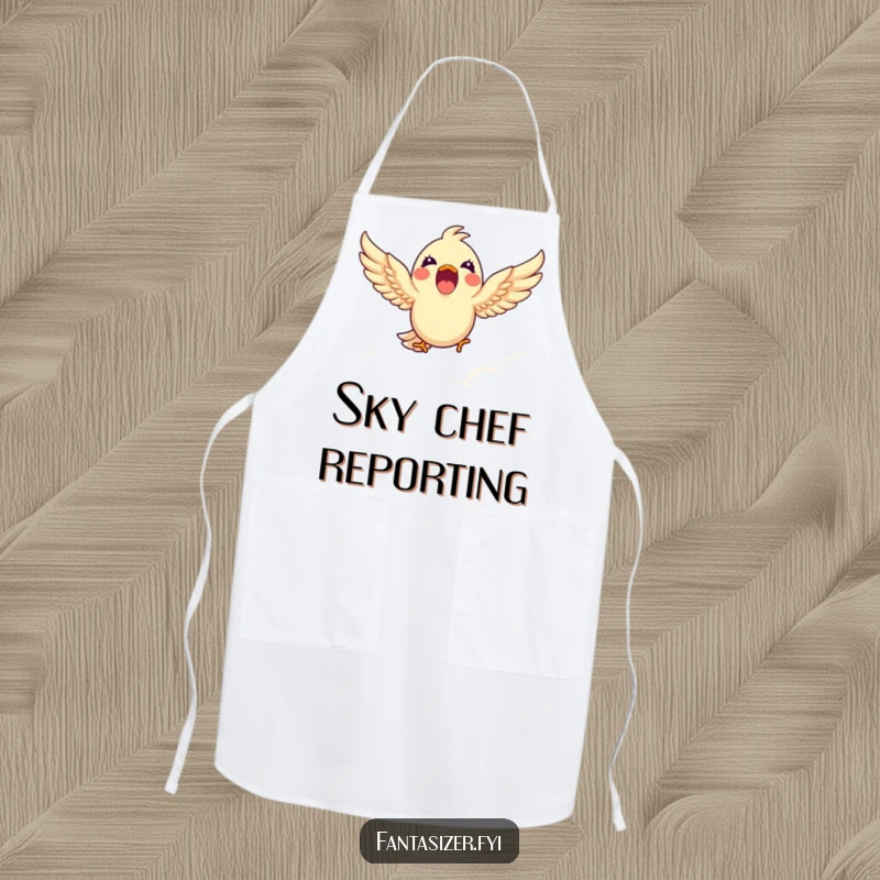Funny apron featuring an excited bird flying amongst clouds, bringing humor and charm to any kitchen task.