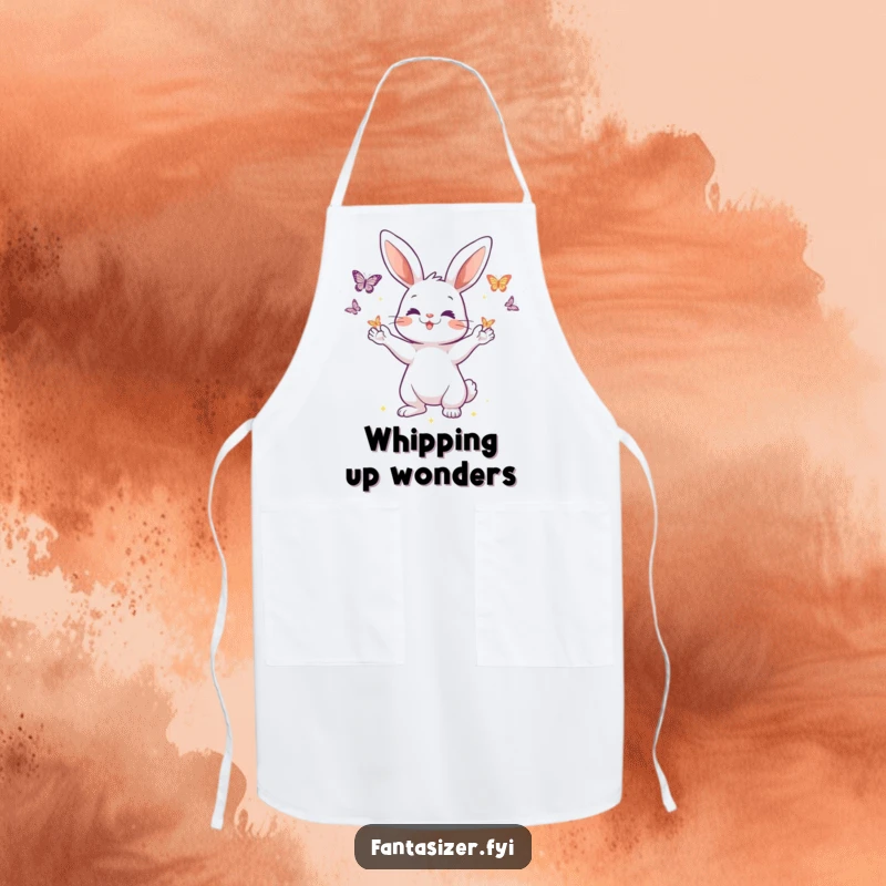 Funny cooking apron with a playful rabbit character conjuring shimmering butterflies from its paws, adding a humorous and magical touch.