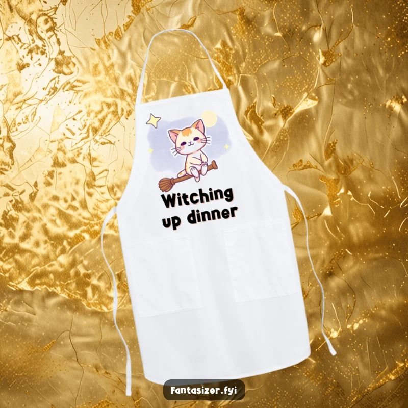 Funny apron with a cat flying on a broomstick through the night sky, great for magical cooking and baking.