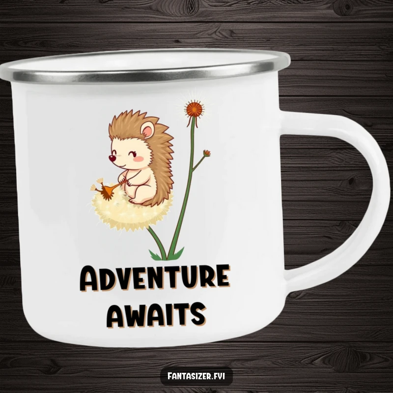 Funny camping mug with a whimsical hedgehog riding a giant dandelion seed, perfect for outdoor adventures and cozy campfires.