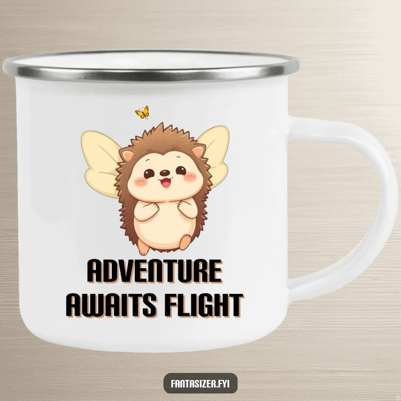 Funny camping mug featuring a delighted hedgehog with butterfly wings, ready to take flight into the wilderness.