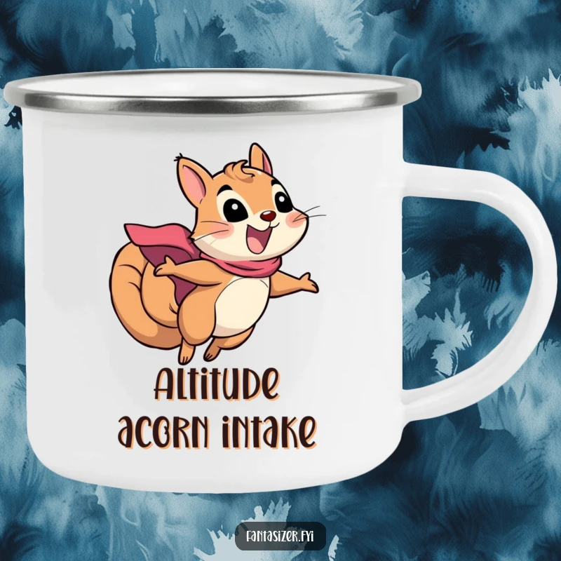 Funny squirrel superhero camping mug with an excited squirrel in a cape flying, perfect for outdoor adventures and heroic sips.