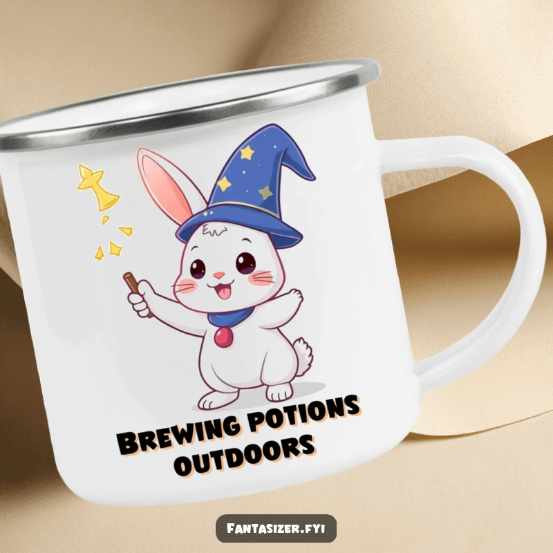 Funny camping mug featuring a triumphant rabbit in a wizard hat casting a spell, for magical outdoor brews.