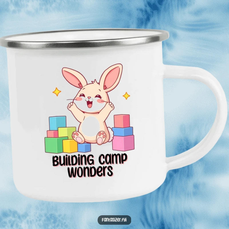 Funny enamel camping mug showing a happy bunny with paws in the air, imagining a world made of colorful blocks.