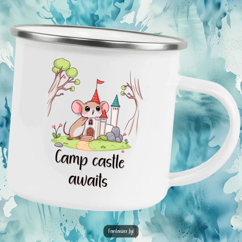 Funny camping mug featuring a surprised mouse discovering a miniature castle, for tiny adventures outdoors.