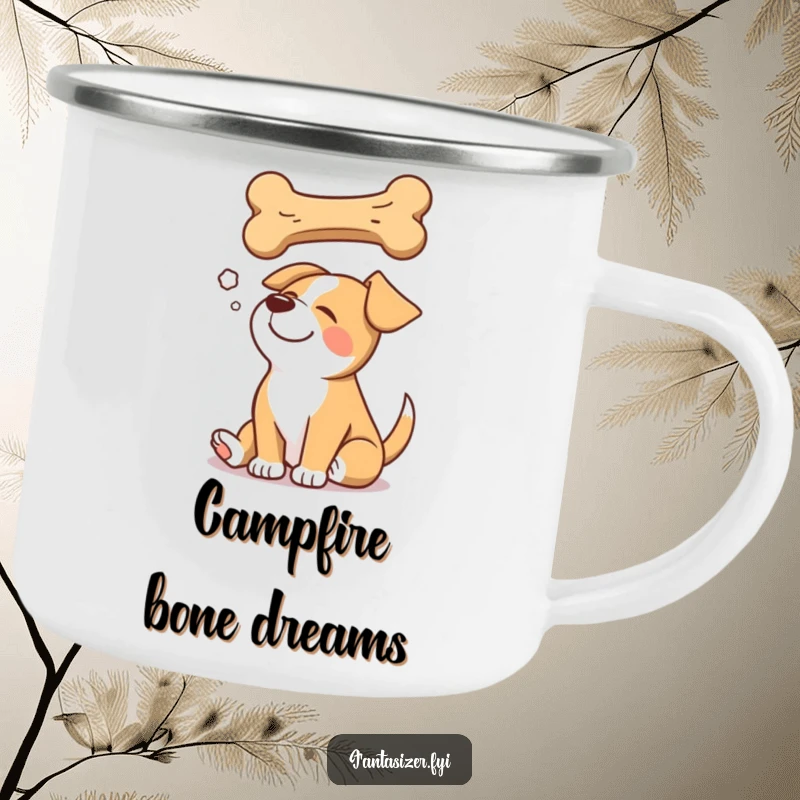 Funny camping mug featuring a happy dog dreaming of a giant bone, perfect for enjoying drinks outdoors.